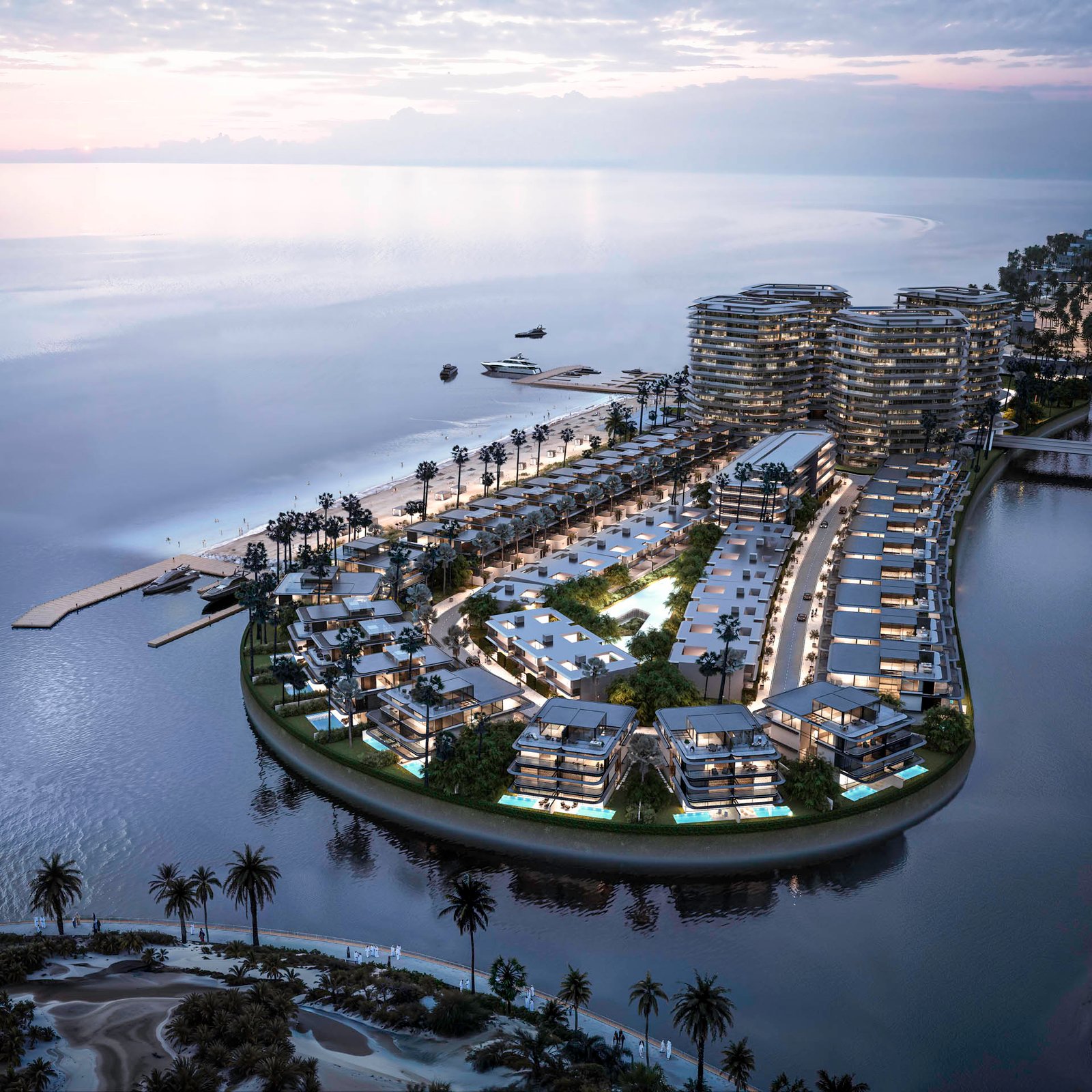 Aerial dusk view of a UAE residential development